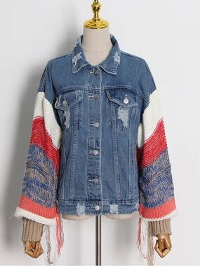 Distressed Denim Jacket with Multicolor Knit Balloon Sleeves
